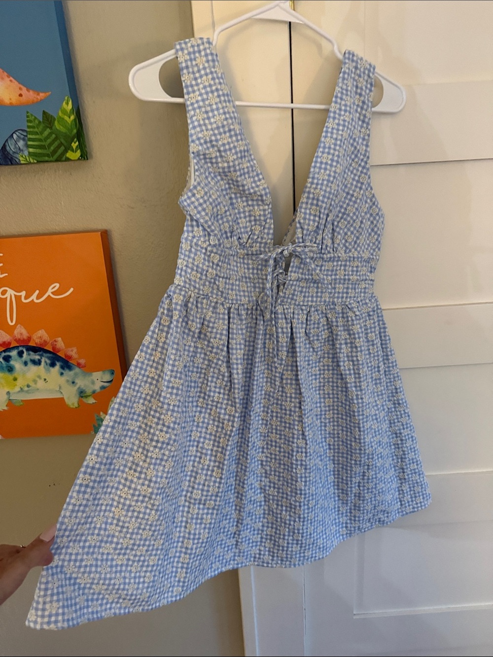 Beginning Boutique Blue and White Floral Gingham Mini Dress